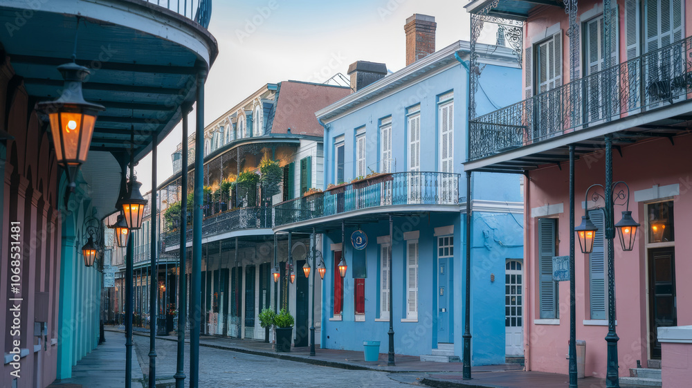 Obraz premium New Orleans French Quarter architecture with pastel buildings, balconies, street lamps, and cobblestone streets for vibrant cityscape images.
