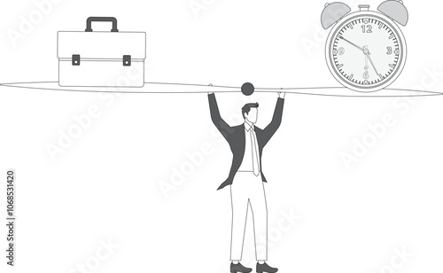 Businessman between clock and briefcase balance on seesaw