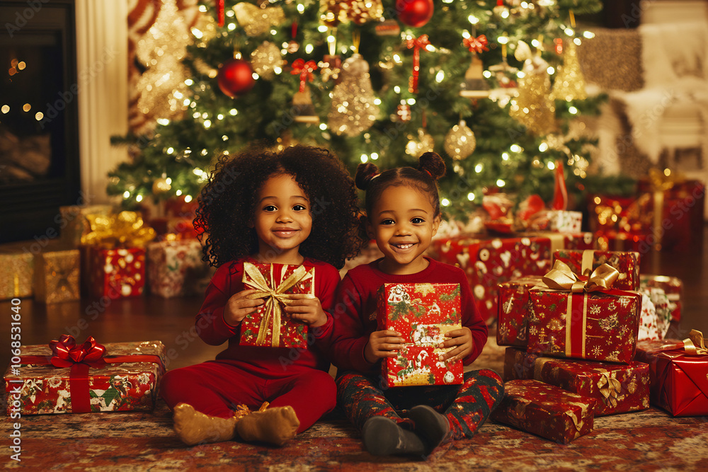 Two joyful kids with Christmas gifts by the tree Two joyful kids with Christmas gifts by the tree