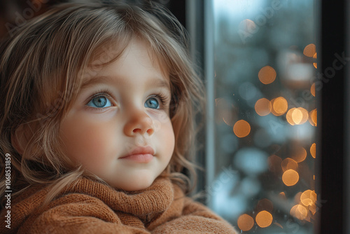 Wallpaper Mural Generative AI image of a child with blue eyes waiting for Christmas gifts, surrounded by festive lights and holiday anticipation Torontodigital.ca
