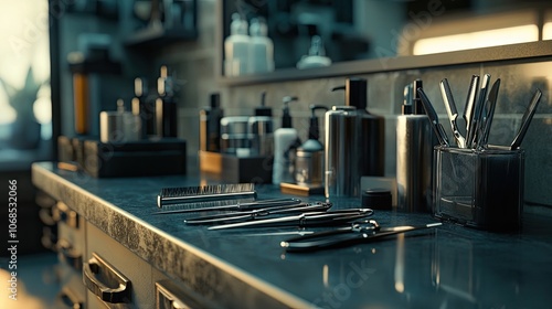 Close-up of a barber's tools laid out on a countertop, ready for the next client.