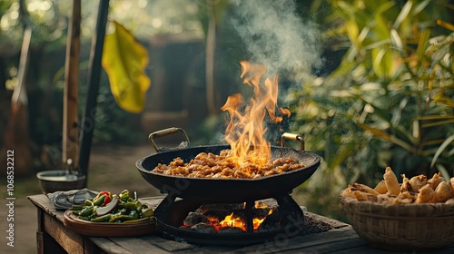 Food cooking over an open fire in a rustic setting. The flames are bright and the smoke is rising up. photo