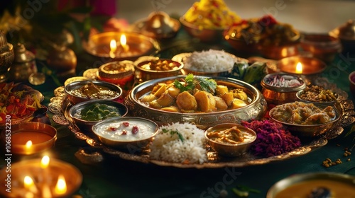 A traditional Indian feast with a variety of curries, rice, and chutneys. The dishes are arranged on a large platter, surrounded by candles and ornate decorations.