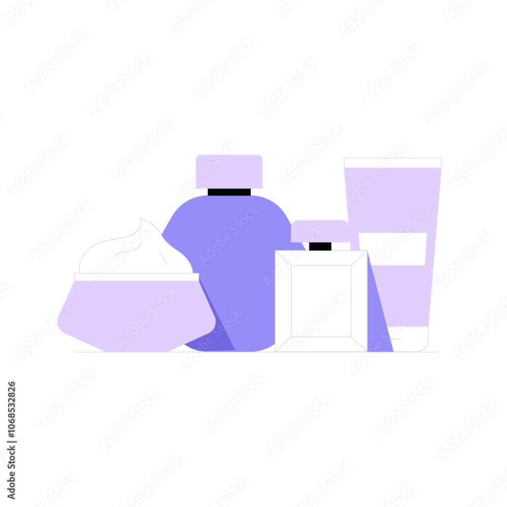 Skincare And Beauty Products In Flat Vector Illustration Symbolizing Self Care, Cosmetics, And Wellness, Isolated On White Background. Skincare And Beauty Products In Flat Vector Illustration Symbolizing Self Care, Cosmetics, And Wellness, Isolated On White Background.