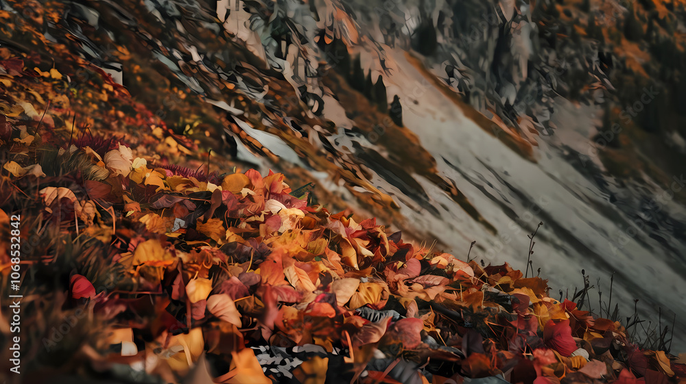 Colorful autumn leaves blanket the ground in a mountainous landscape, with rocky slopes and vibrant fall foliage creating a stunning natural scene. Colorful autumn leaves blanket the ground in a mountainous landscape, with rocky slopes and vibrant fall foliage creating a stunning natural scene.