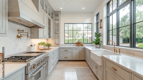 Modern Kitchen with Stainless Steel Stove, White Cabinets, and Large Windows
