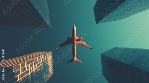 Airplane flying over modern skyscrapers photo