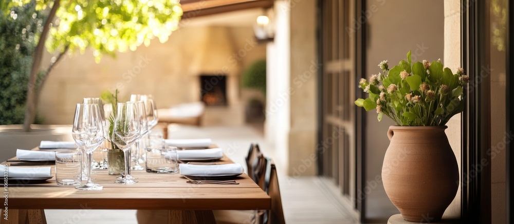 A wooden table set for a meal with wine glasses and plates, a terracotta vase with greenery next to a glass door and a patio view.