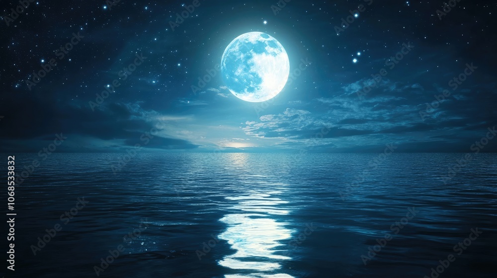 A full moon hangs high in the night sky, casting a soft glow over the calm ocean. The stars twinkle overhead, adding to the serene beauty of the scene. A full moon hangs high in the night sky, casting a soft glow over the calm ocean. The stars twinkle overhead, adding to the serene beauty of the scene.
