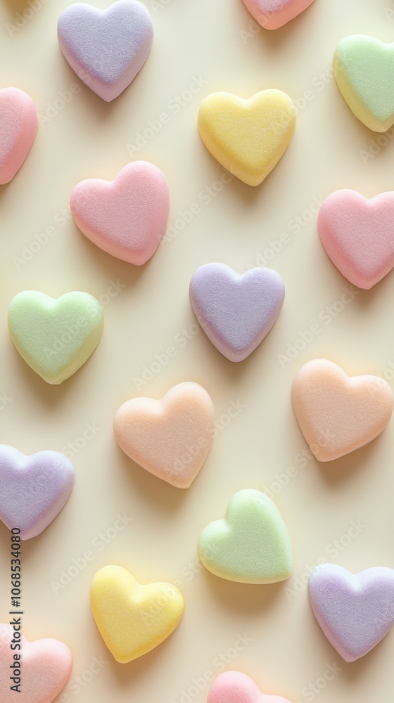 Pastel Heart-Shaped Candies for Valentine's Day on Light Background, Pattern of pastel-colored heart candies arranged on a light background, perfect for Valentine's Day themes of sweetness and love. Pastel Heart-Shaped Candies for Valentine's Day on Light Background, Pattern of pastel-colored heart candies arranged on a light background, perfect for Valentine's Day themes of sweetness and love.