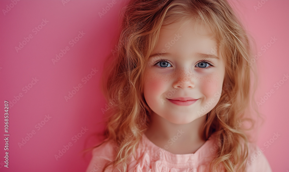 Portrait of a Smiling Little Girl with Curly Hair on Pink Background Portrait of a Smiling Little Girl with Curly Hair on Pink Background