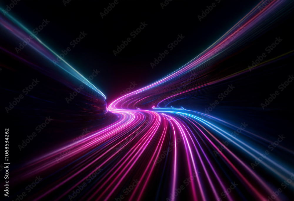 Abstract digital artwork of swirling pink and blue streaks of light resembling a tunnel. Abstract digital artwork of swirling pink and blue streaks of light resembling a tunnel.