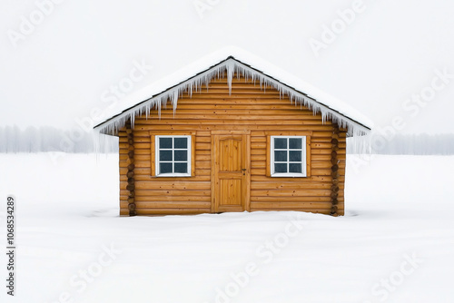 A charming rustic wooden cabin with frosty windows and icicles hanging from the roof, standing isolated in a vast snowy field