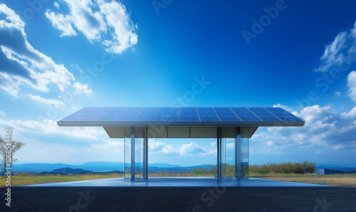 Modern Solar Panel Structure Under Blue Sky and Sunlight