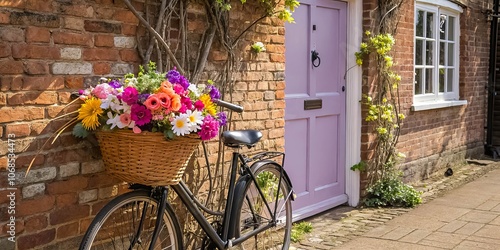 A bicycle adorned with a basket overflowing with vibrant flowers leans against a brick wall, a peaceful scene set against the backdrop of a weathered door and window.