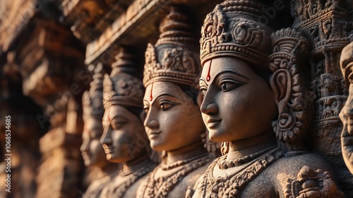 Close-up of intricately carved stone sculptures depicting Hindu deities, adorned with ornate headwear and jewelry.