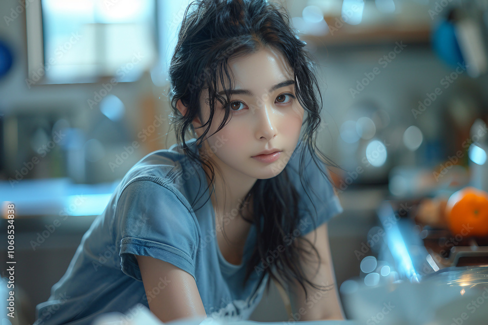 Generative AI Image of a Young Woman Engaged in Housekeeping with Warm Sunlight and Water Droplets Generative AI Image of a Young Woman Engaged in Housekeeping with Warm Sunlight and Water Droplets