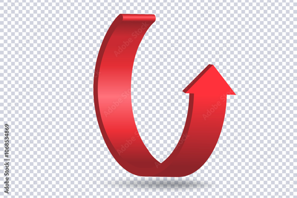 Abstract Curved Red Arrow. Market movements creative concept charts, infographics. Red curve arrow with shadow on transparent. Trading stock news impulses. Realistic 3d vector design of trend Abstract Curved Red Arrow. Market movements creative concept charts, infographics. Red curve arrow with shadow on transparent. Trading stock news impulses. Realistic 3d vector design of trend