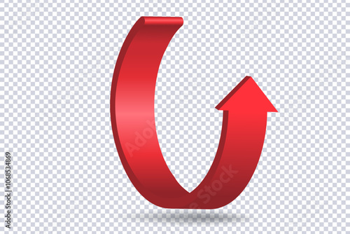 Abstract Curved Red Arrow. Market movements creative concept charts, infographics. Red curve arrow with shadow on transparent. Trading stock news impulses. Realistic 3d vector design of trend