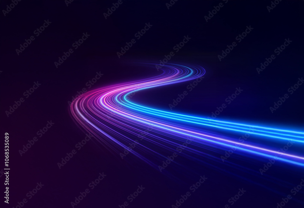 Abstract streaks of light in shades of blue and purple curve against a dark background. Abstract streaks of light in shades of blue and purple curve against a dark background.