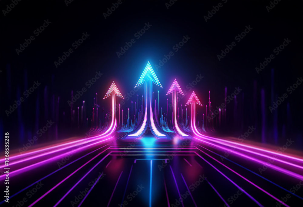 Three glowing neon arrows point upwards on a dark, futuristic road. Three glowing neon arrows point upwards on a dark, futuristic road.