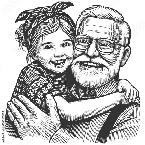 joyful grandfather embracing his smiling granddaughter, family love and generational bonds sketch engraving generative ai vector illustration. Scratch board imitation. Black and white image