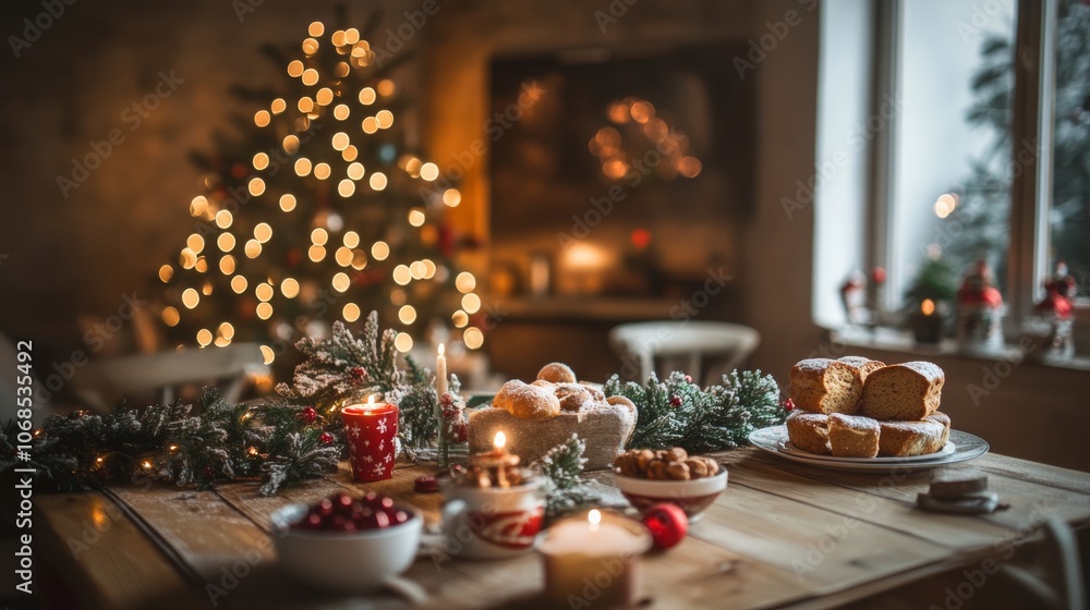 A warm and inviting atmosphere features a table laden with various holiday treats, candles glowing softly, and a brightly decorated Christmas tree in the background A warm and inviting atmosphere features a table laden with various holiday treats, candles glowing softly, and a brightly decorated Christmas tree in the background