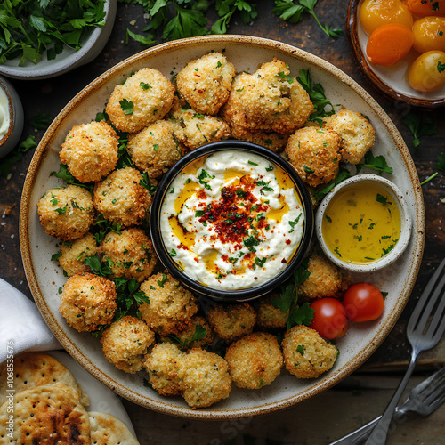 Crispy Falafel Bites with Creamy Dipping Sauce and Fresh Herbs - Mediterranean Appetizer Platter photo