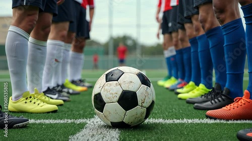 Soccer players facing off on field, close-up of cleats around ball on dividing line, ready for competitive match, teamwork, rivalry, and sportsmanship in action