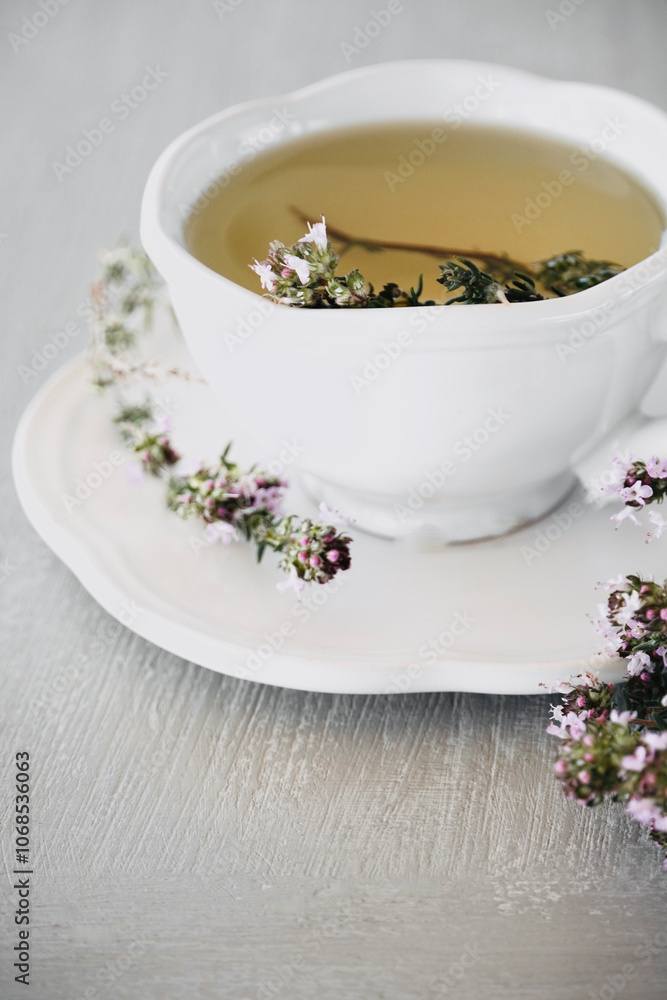 Close up tea cup thyme medicinal properties.
Close up tea cup thyme medicinal properties.