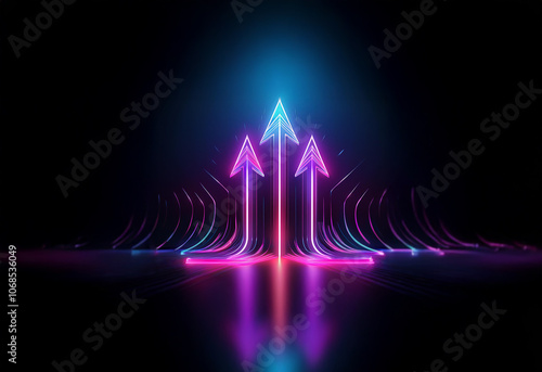 Three neon arrows point upwards, with the leftmost arrow glowing purple and the rightmost arrow glowing blue. The arrows reflect in the dark, glossy floor. photo