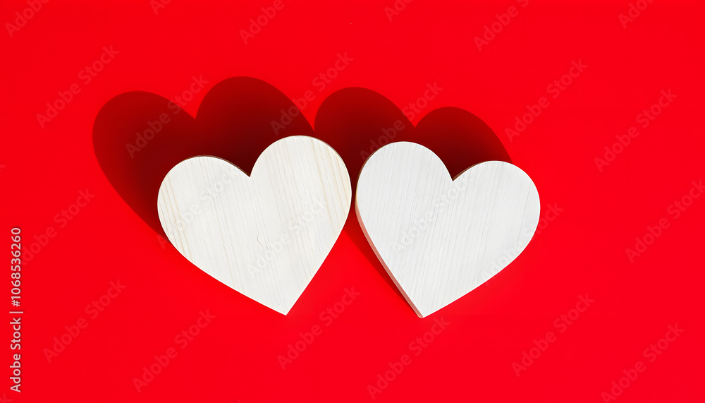 Two white wooden hearts with strong shadows on red background connected together, as symbol of love and passion, Happy Valentines Day Concept, banner size isolated with white highlights, png Two white wooden hearts with strong shadows on red background connected together, as symbol of love and passion, Happy Valentines Day Concept, banner size isolated with white highlights, png
