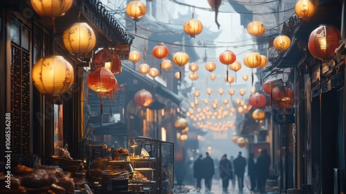 Festive street decorations and lanterns in a Chinese market, representing December celebrations