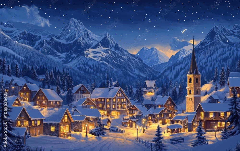 Alpine Village at Night Snowy village at dusk with holiday lights on buildings, surrounded by snowy peaks, an inviting winter travel backdrop Alpine Village at Night Snowy village at dusk with holiday lights on buildings, surrounded by snowy peaks, an inviting winter travel backdrop