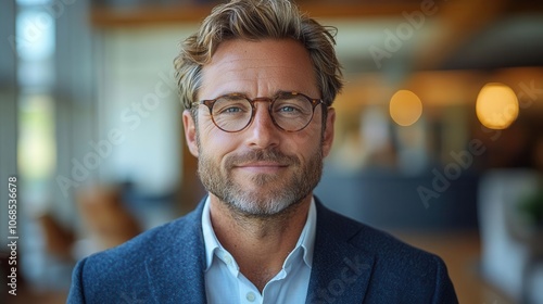 confident banker smiling warmly, mid-shot portrait showcasing professional attire, glasses, and a business-like demeanor, set in a modern office environment