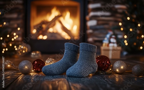 Wallpaper Mural Christmas Socks Mockup A pair of plain holiday socks lying by a fireplace with holiday decorations and glowing lights  Torontodigital.ca