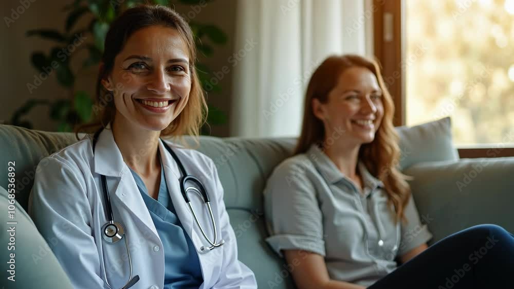 Female doctor and patient sitting together in relaxed setting, friendly healthcare consultation, concept of approachable medical care, patient trust, and supportive doctor-patient relationship Female doctor and patient sitting together in relaxed setting, friendly healthcare consultation, concept of approachable medical care, patient trust, and supportive doctor-patient relationship