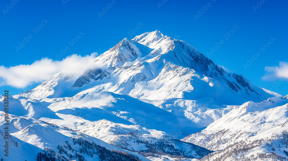 Fototapeta premium A stunning snow-capped peak stands tall against a clear blue sky, showcasing the beauty of winter in the mountains
