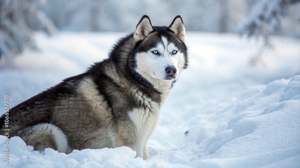 Close-up of a Siberian husky sitting in the snow, showcasing its thick fur coat and piercing blue eyes, embodying the strength and beauty of this winter-loving breed. Close-up of a Siberian husky sitting in the snow, showcasing its thick fur coat and piercing blue eyes, embodying the strength and beauty of this winter-loving breed.