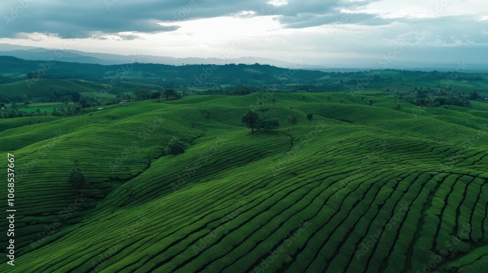 Lush green tea fields in Sri Lanka under a December sky, symbolizing the region unique winter season Lush green tea fields in Sri Lanka under a December sky, symbolizing the region unique winter season