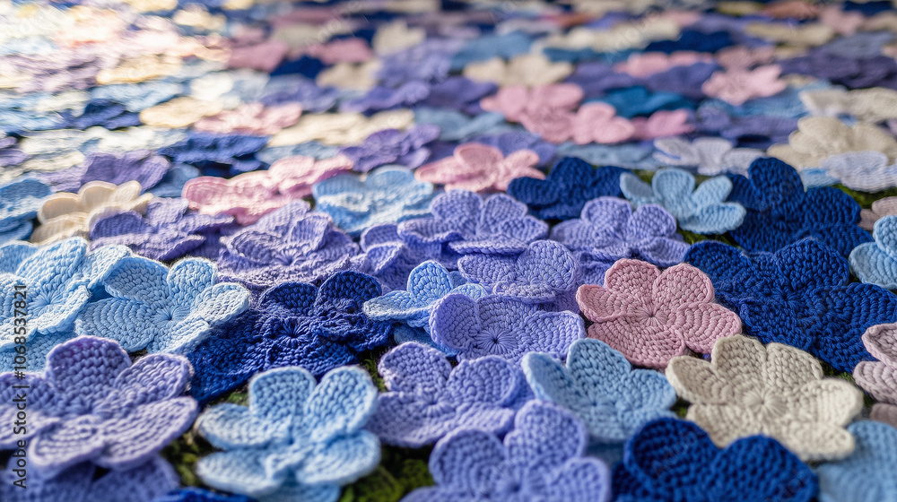 Fototapeta premium Bright clusters of hydrangeas showcase stunning shades of purple and blue, creating a serene atmosphere in a peaceful garden bathed in gentle sunlight.