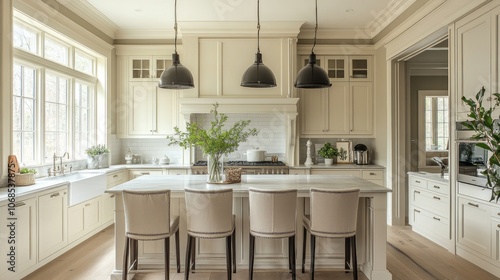 Contemporary Kitchen with White Cabinets, Island, and Pendant Lights