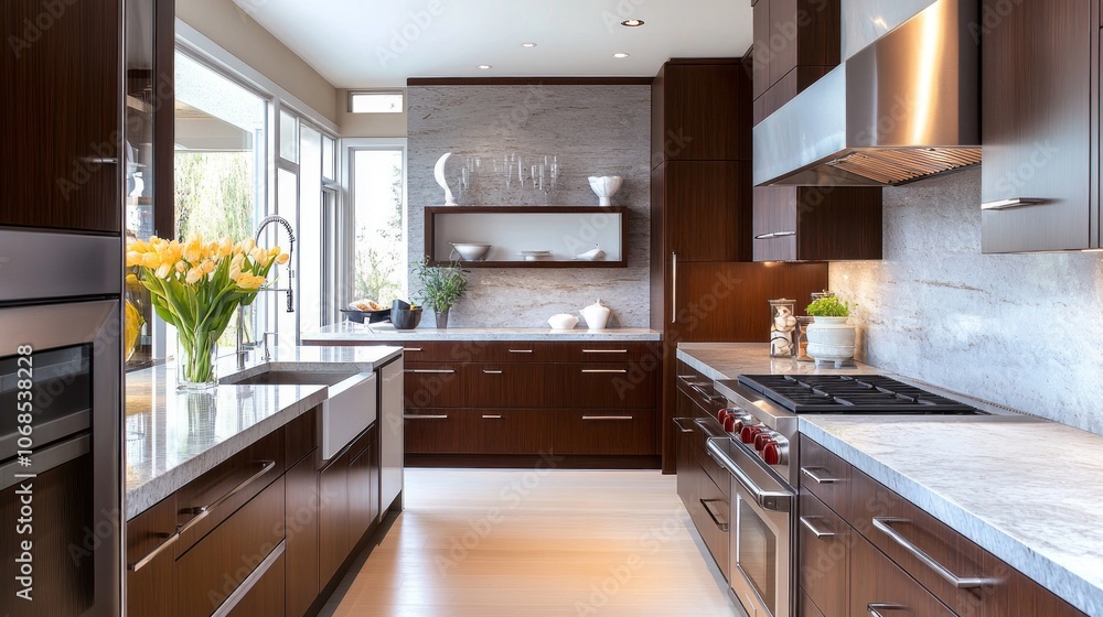 Modern Kitchen Interior with Granite Countertops, Stainless Steel Appliances, and Wooden Cabinets Modern Kitchen Interior with Granite Countertops, Stainless Steel Appliances, and Wooden Cabinets