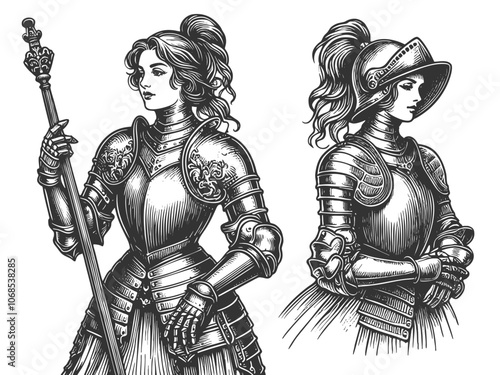 female knight in armor, depicted with a spear and helmet, symbolizing strength and chivalry sketch engraving generative ai vector illustration. Scratch board imitation. Black and white image.