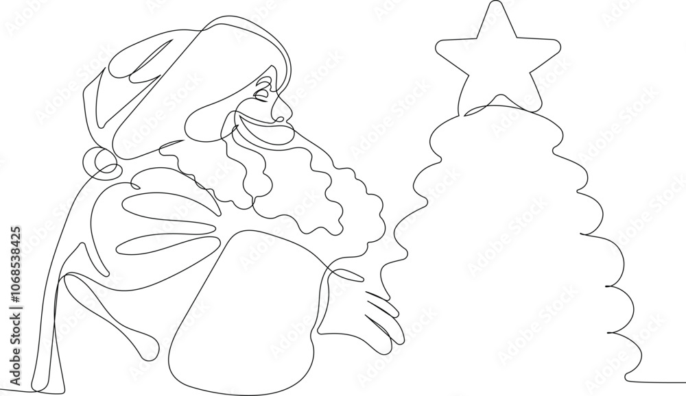 Outlined Cute Santa Claus Cartoon Character With A Sack Full Of Gifts. Vector Hand Drawn Illustration. One continuous line drawing Santa Claus on reindeer and sled. concept for Christmas and New Year Outlined Cute Santa Claus Cartoon Character With A Sack Full Of Gifts. Vector Hand Drawn Illustration. One continuous line drawing Santa Claus on reindeer and sled. concept for Christmas and New Year