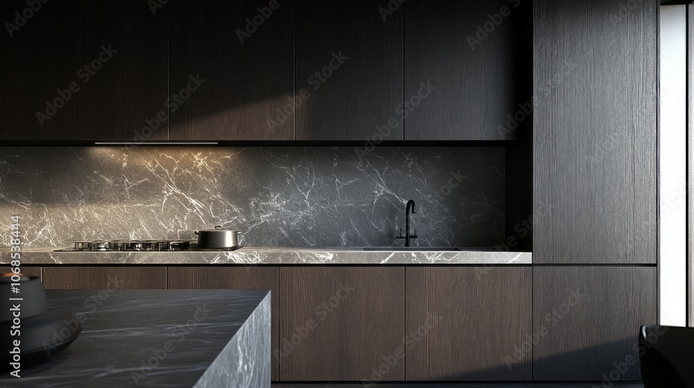 Modern Kitchen with Dark Wood Cabinets and Marble Backsplash Modern Kitchen with Dark Wood Cabinets and Marble Backsplash