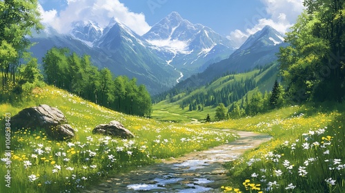 A picturesque mountain valley with a winding path leading through a field of wildflowers. photo