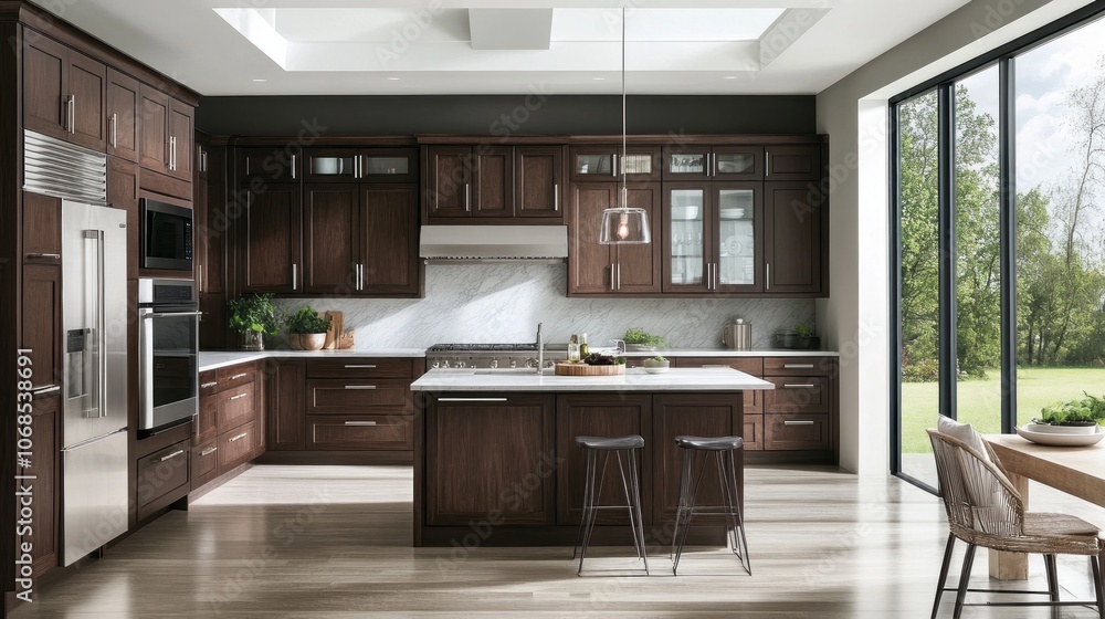 Fototapeta premium Modern Kitchen with Stainless Steel Appliances and Dark Wood Cabinets