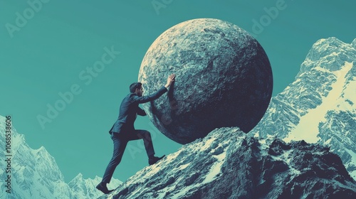 A well-dressed individual pushes a massive boulder upward on a snowy, rugged incline, symbolizing resilience and determination within a scenic winter landscape. photo