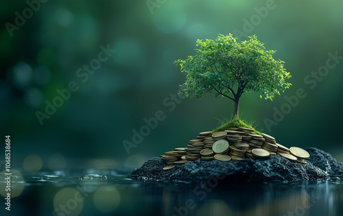 tree growing in a pile of coins